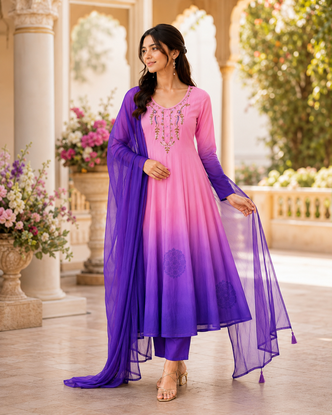 Ombre Pink to Purple Flared Anarkali Set -(MADHU)