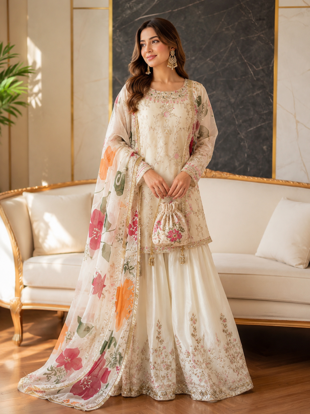 Ivory Flora Premium Sharara Set : (1215)