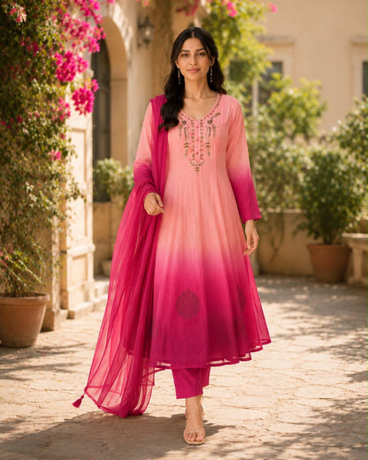 Ombre Orange Chiffon 3 piece Anarkali Set-(MADHU)