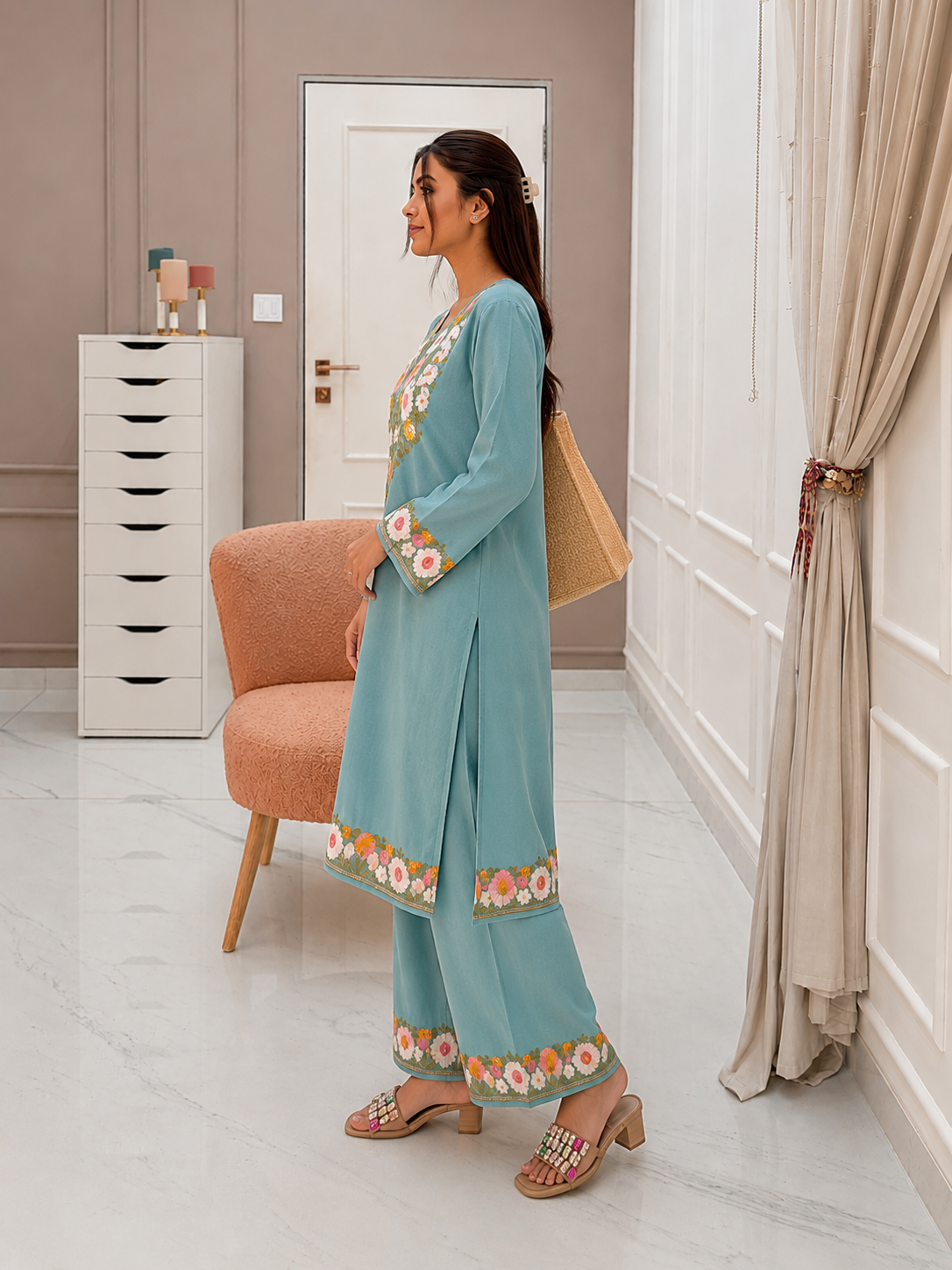 Sage Bloom Cotton Embroidered Co-ord Set