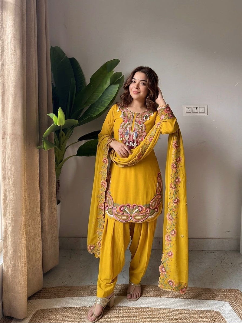 Mustard Yellow Paisley Embroidered Kurta Set with Dupatta-(5348)
