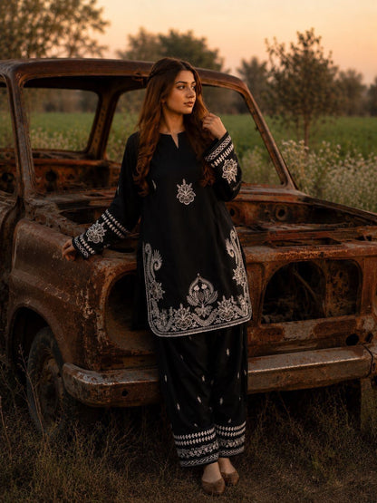 Zarina Black Embroidered Suit Set-(1475)