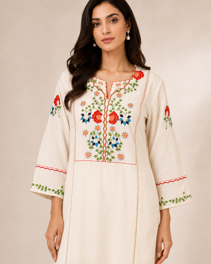 “Ivory Garden Floral Embroidered Kurta Set”