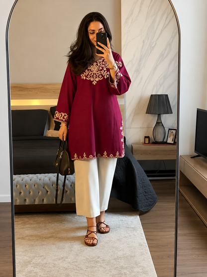 Wine Noor Cotton Embroidered Co-ord Set