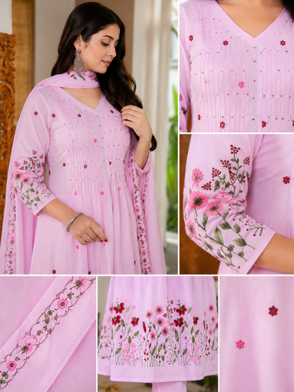 Ivory Floral Embroidered Anarkali Kurti Set with Dupatta(Pink)