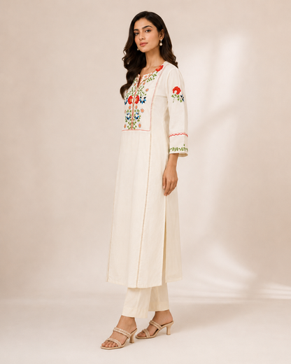 “Ivory Garden Floral Embroidered Kurta Set”