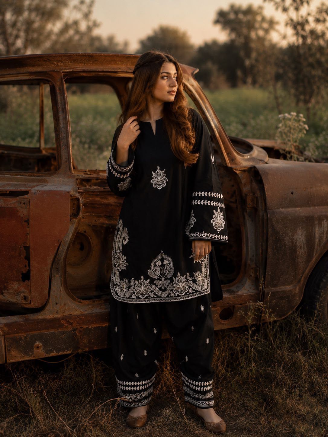 Zarina Black Embroidered Suit Set-(1475)