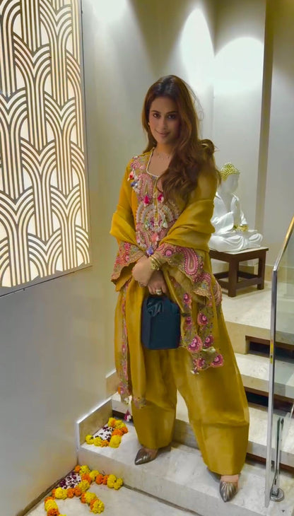 Mustard Yellow Paisley Embroidered Kurta Set with Dupatta-(5348)