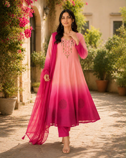 Ombre Orange Chiffon 3 piece Anarkali Set-(MADHU)
