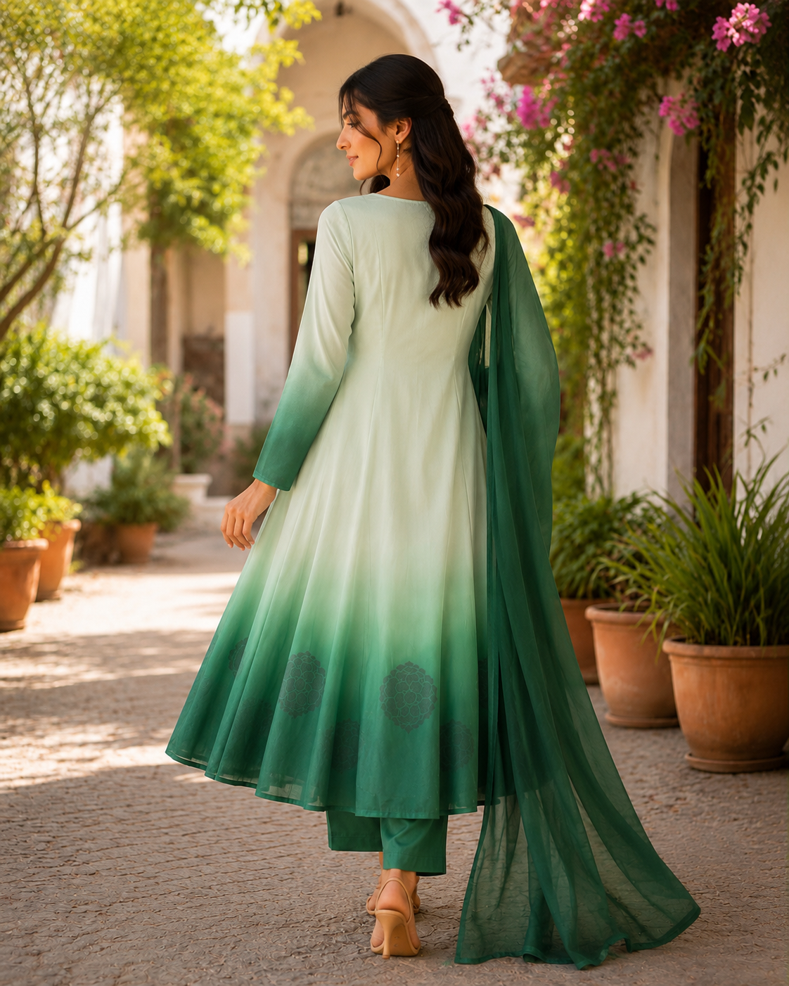 Ombre Green Flared Anarkali Set (MADHU)