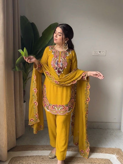 Mustard Yellow Paisley Embroidered Kurta Set with Dupatta-(5348)