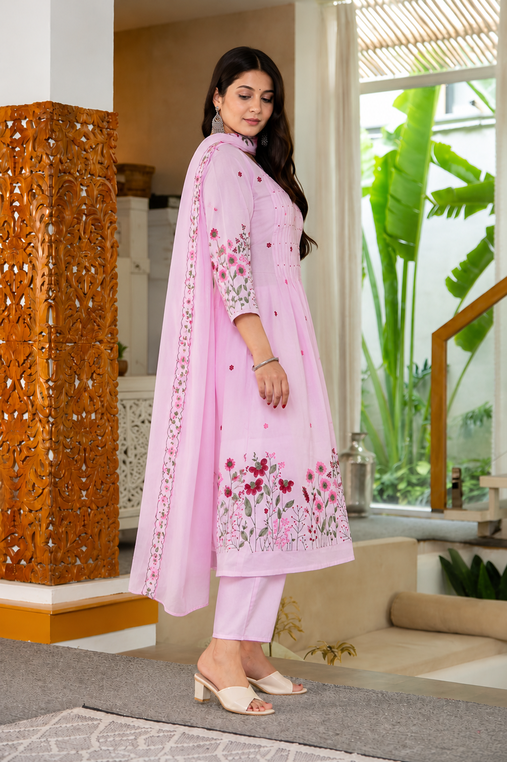 Ivory Floral Embroidered Anarkali Kurti Set with Dupatta(Pink)