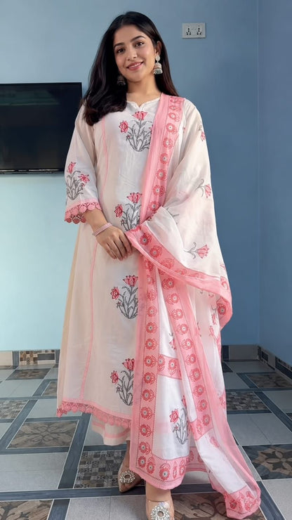 Summer Special Hand Block Print Cotton Ghera 3 piece Set (Balaji)