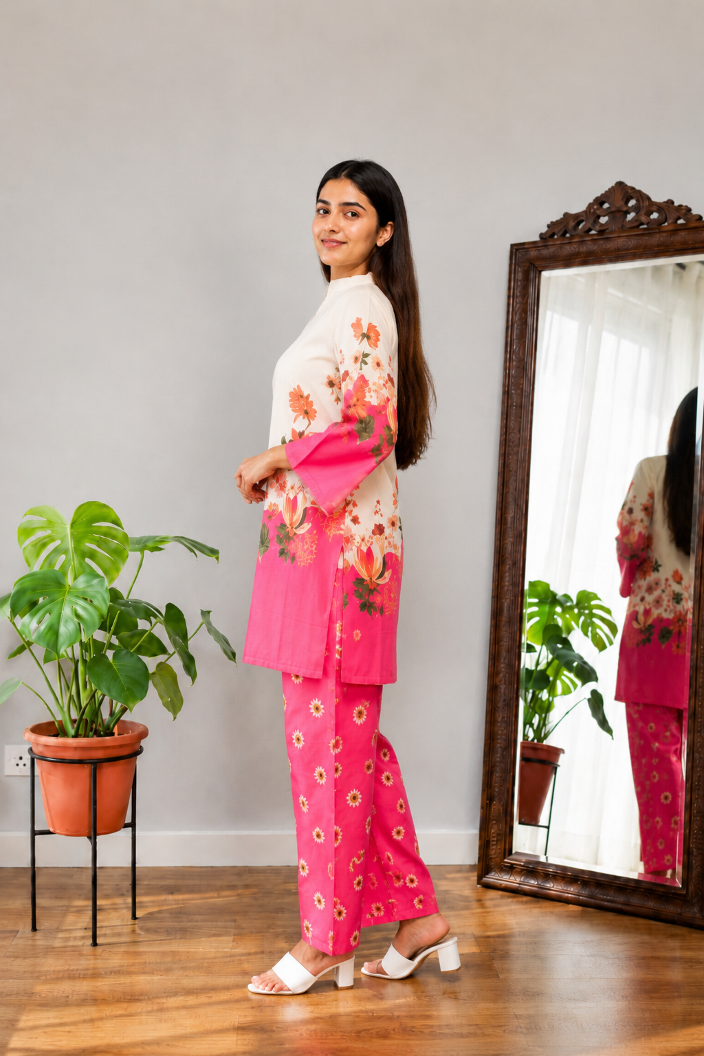 Pink Flora Imported Rayon Co-ord Set