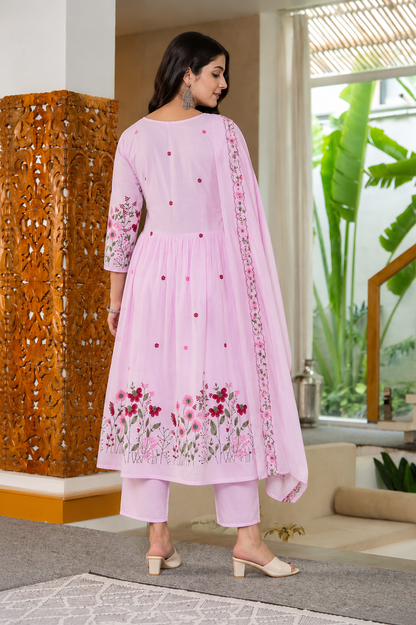 Ivory Floral Embroidered Anarkali Kurti Set with Dupatta(Pink)