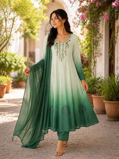Ombre Green Flared Anarkali Set (MADHU)