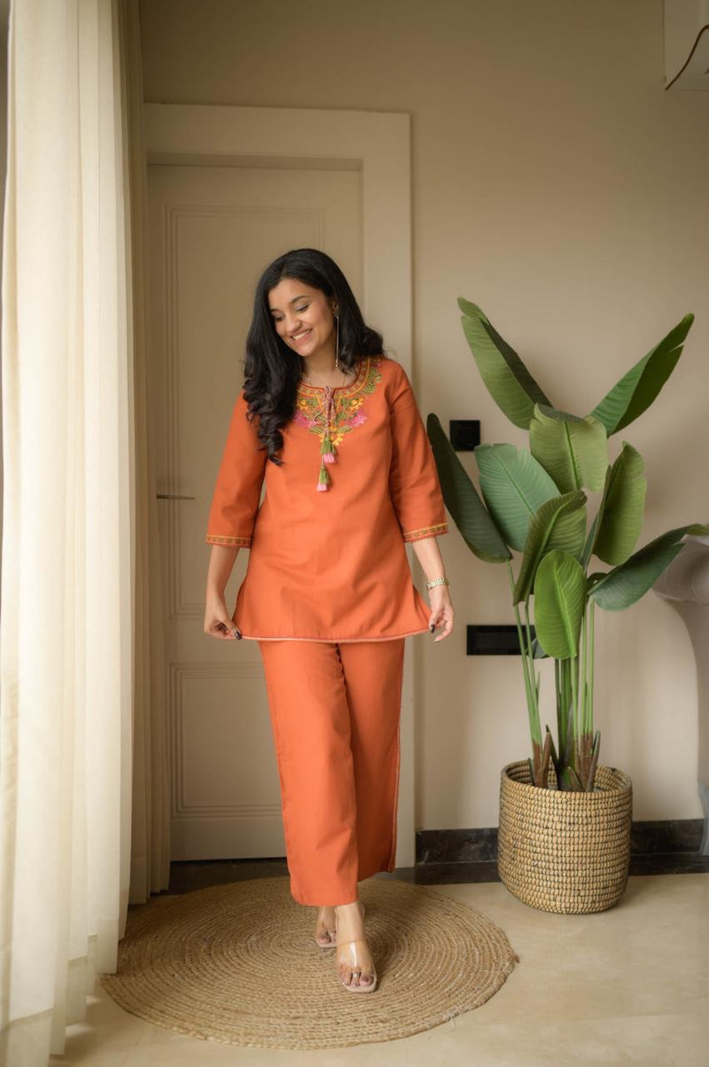 Rust Blossom Cotton Embroidered Co-ord Set