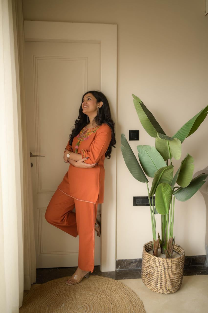 Rust Blossom Cotton Embroidered Co-ord Set
