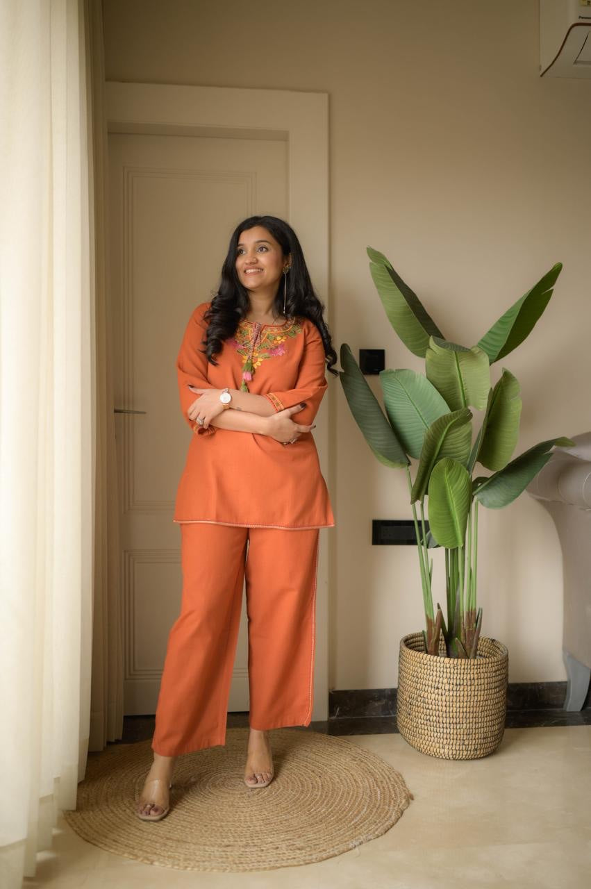 Rust Blossom Cotton Embroidered Co-ord Set
