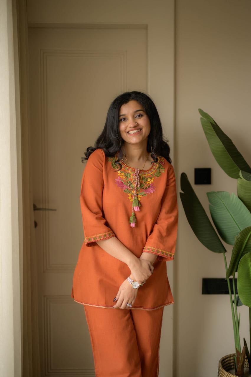 Rust Blossom Cotton Embroidered Co-ord Set