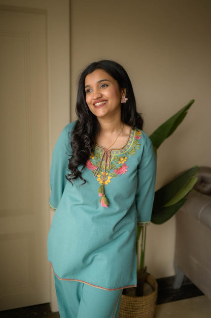 Aqua Bloom Cotton Embroidered Co-ord Set