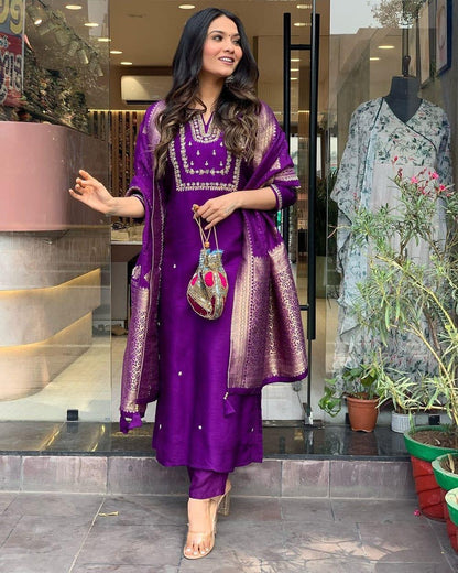 Purple Banarasi Dupatta Suit Set