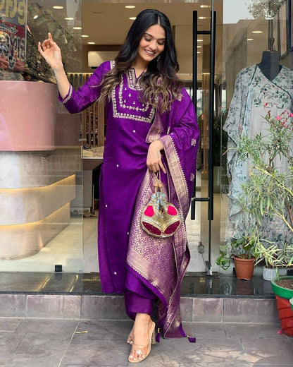 Purple Banarasi Dupatta Suit Set
