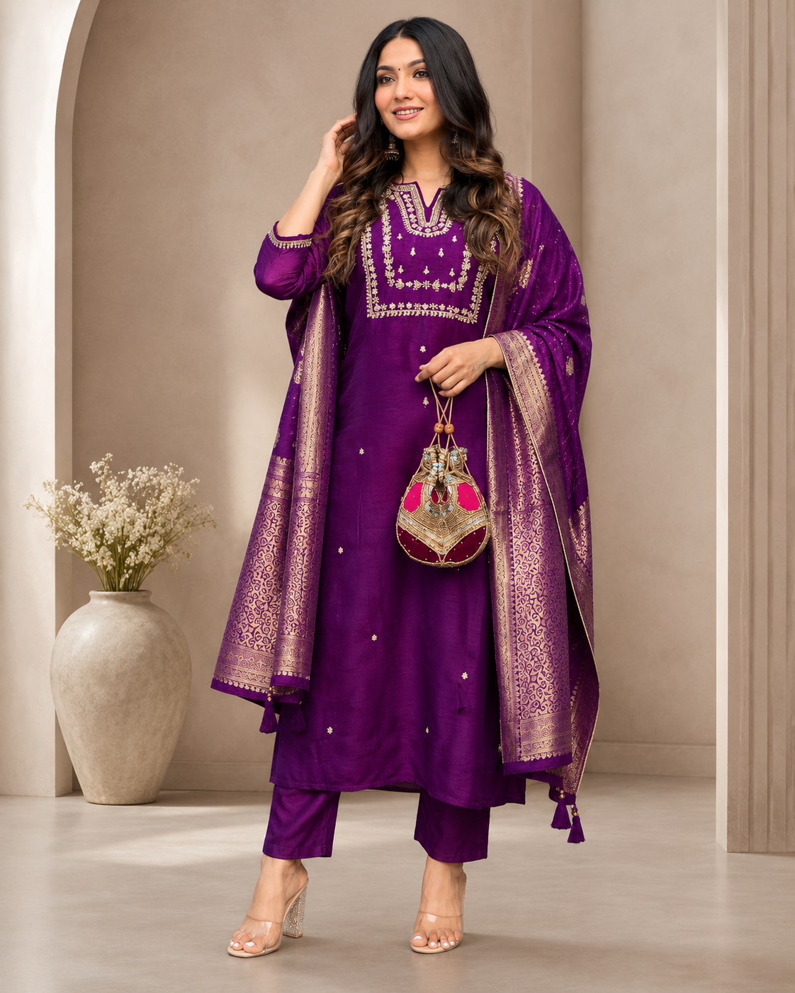 Purple Banarasi Dupatta Suit Set