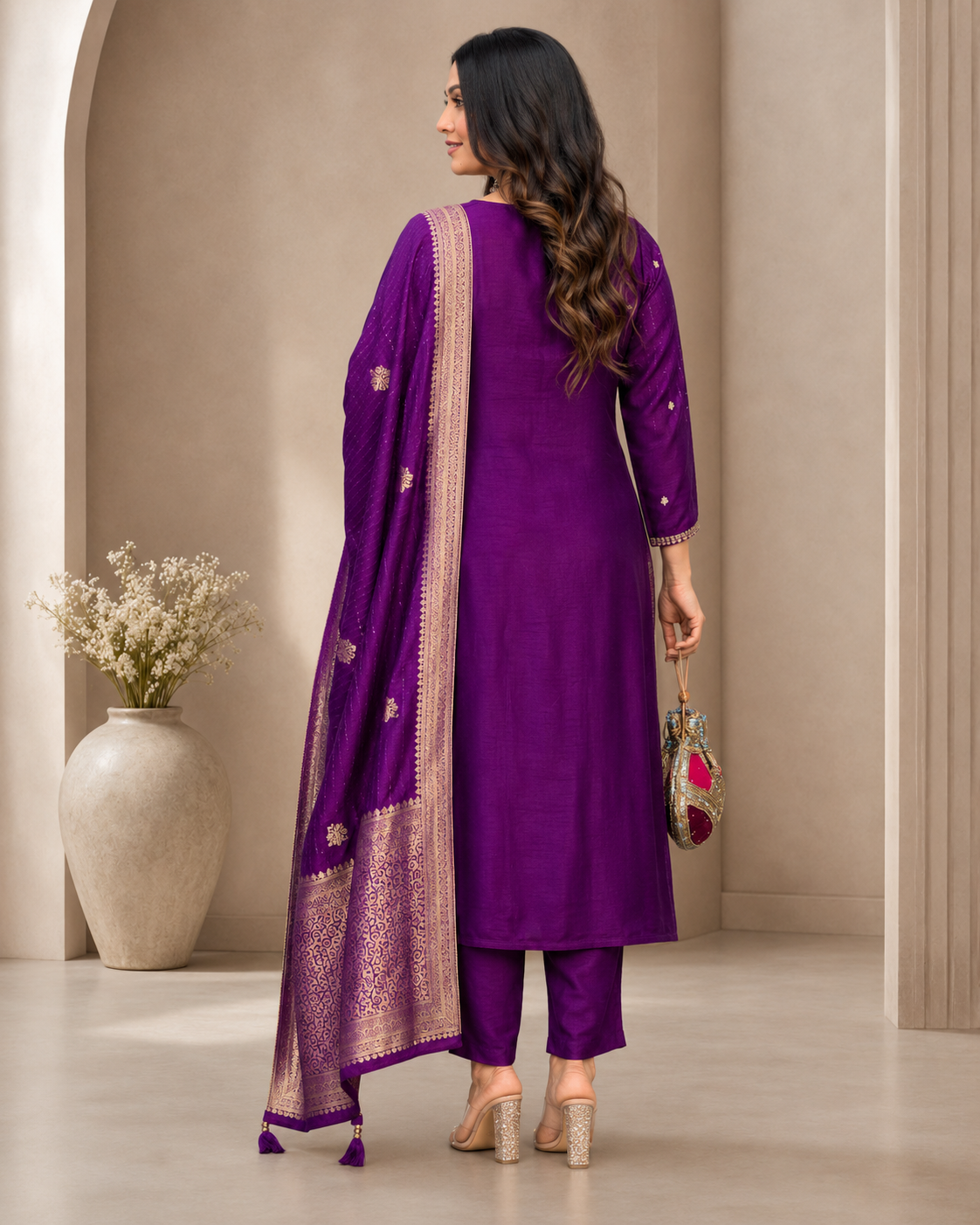 Purple Banarasi Dupatta Suit Set