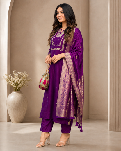 Purple Banarasi Dupatta Suit Set