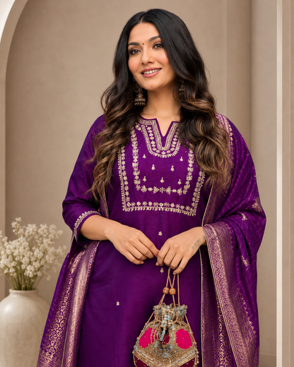 Purple Banarasi Dupatta Suit Set
