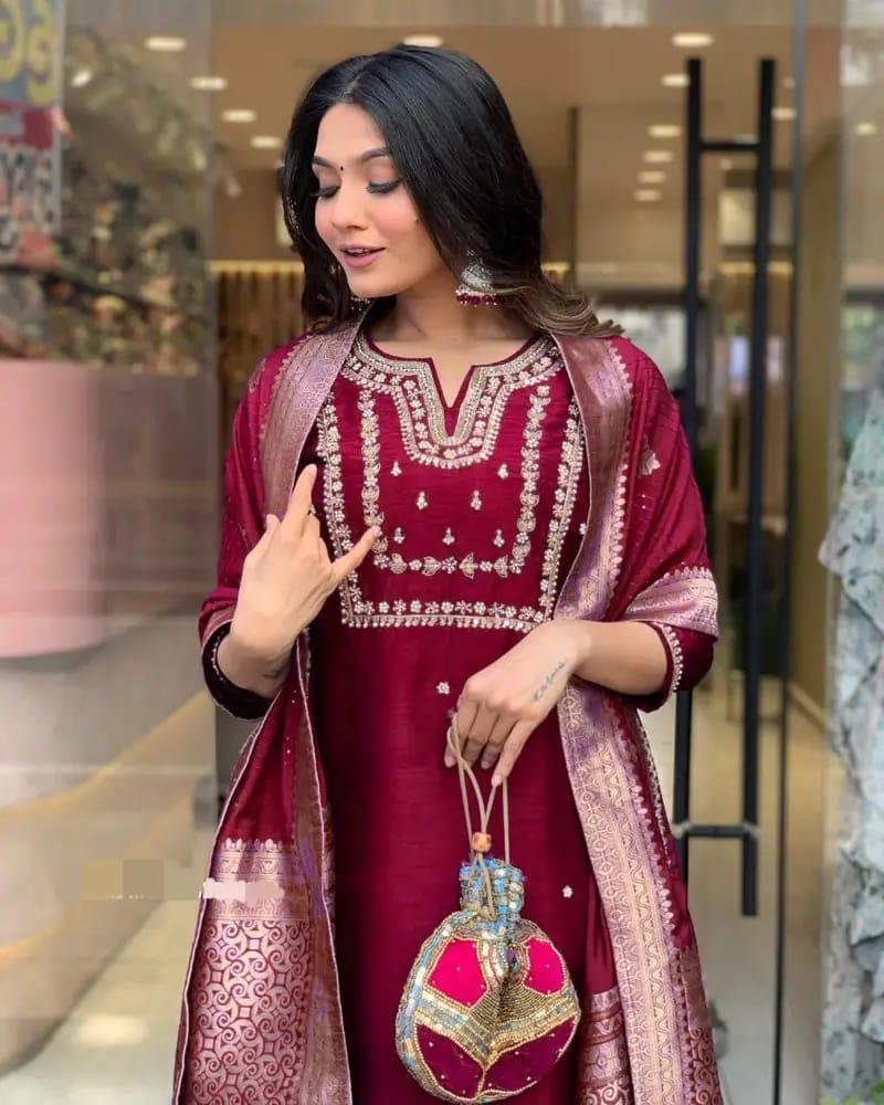 Wine Maroon Banarasi Dupatta Suit Set