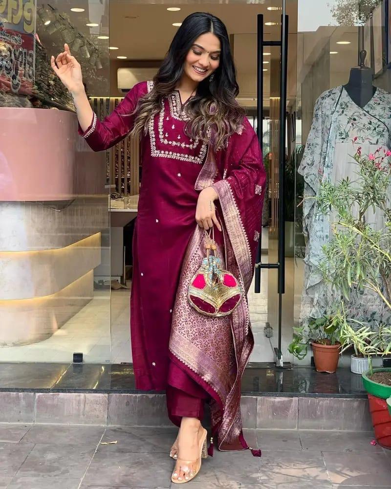 Wine Maroon Banarasi Dupatta Suit Set