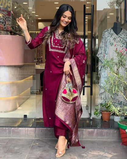 Wine Maroon Banarasi Dupatta Suit Set