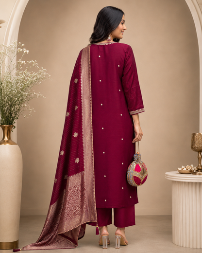 Wine Maroon Banarasi Dupatta Suit Set