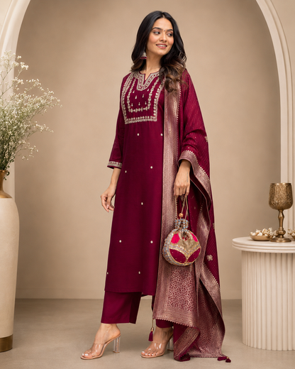 Wine Maroon Banarasi Dupatta Suit Set