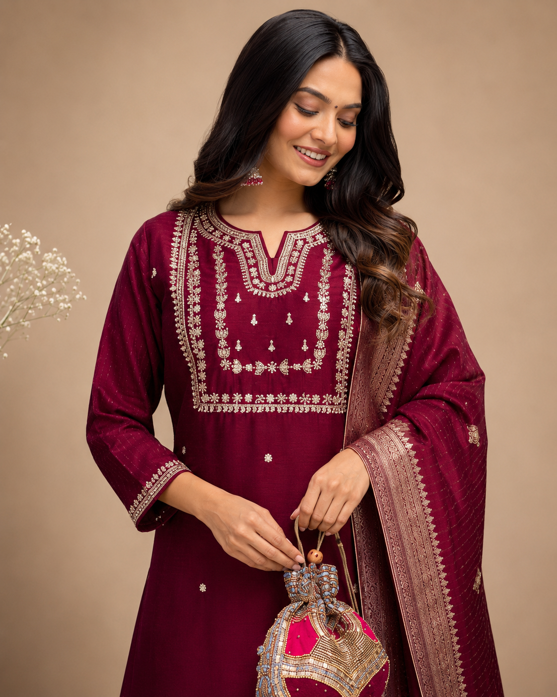 Wine Maroon Banarasi Dupatta Suit Set