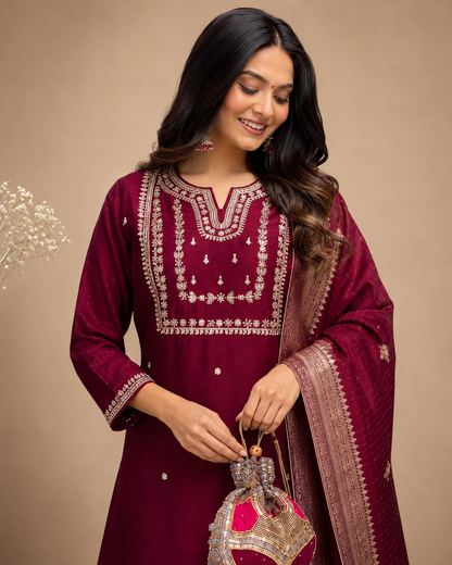 Wine Maroon Banarasi Dupatta Suit Set