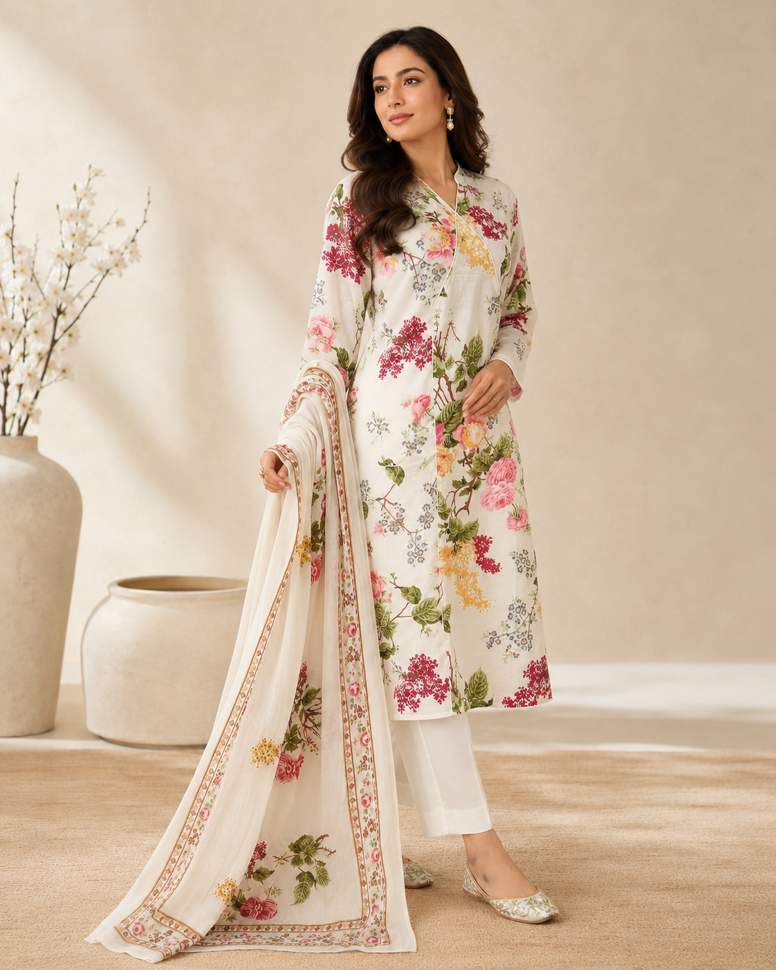 “Ivory Floral Printed Suit Set