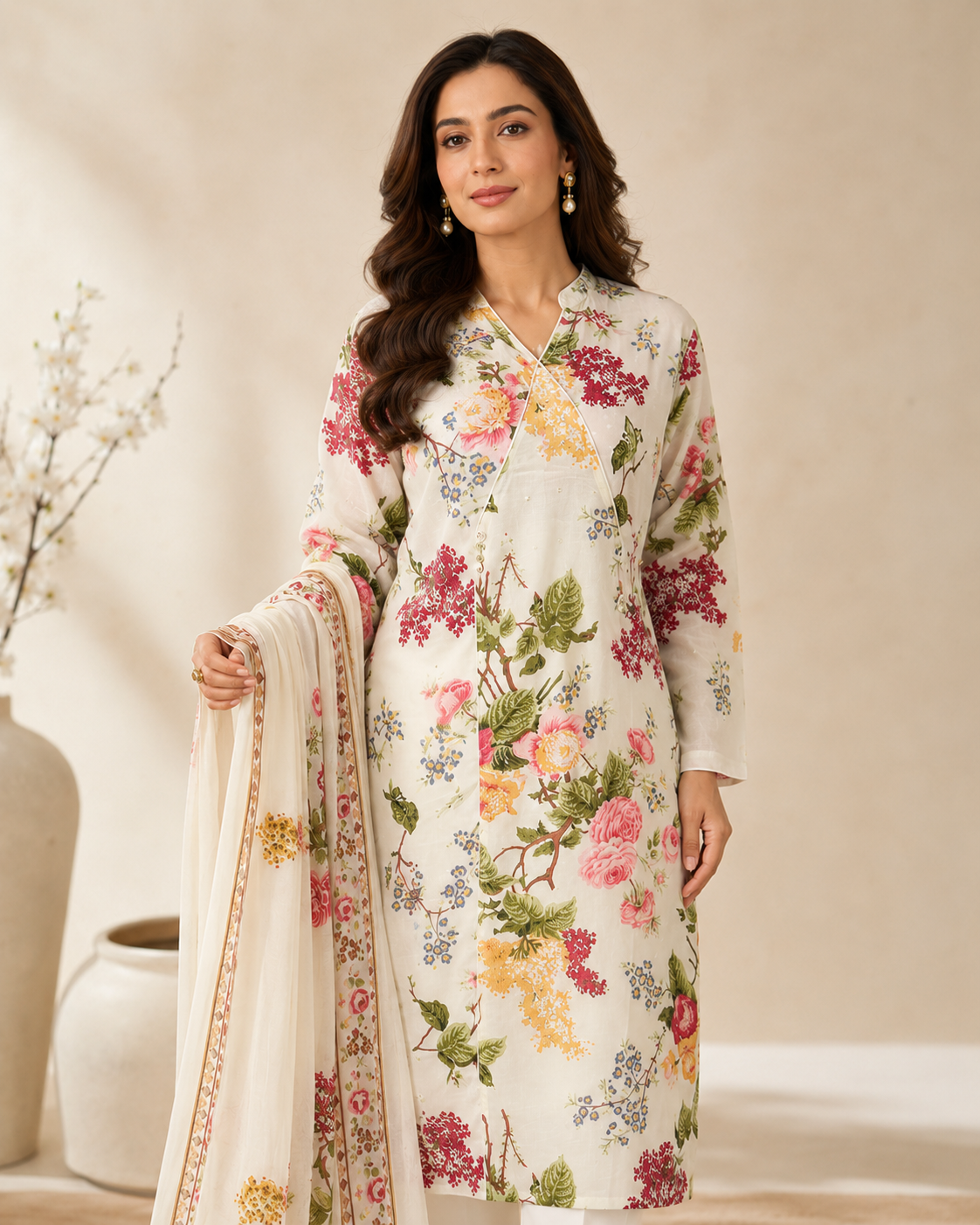 “Ivory Floral Printed Suit Set