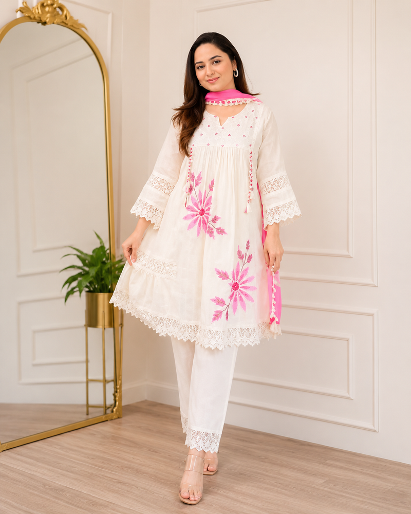 Ivory Pink Floral Lace Suit Set”
