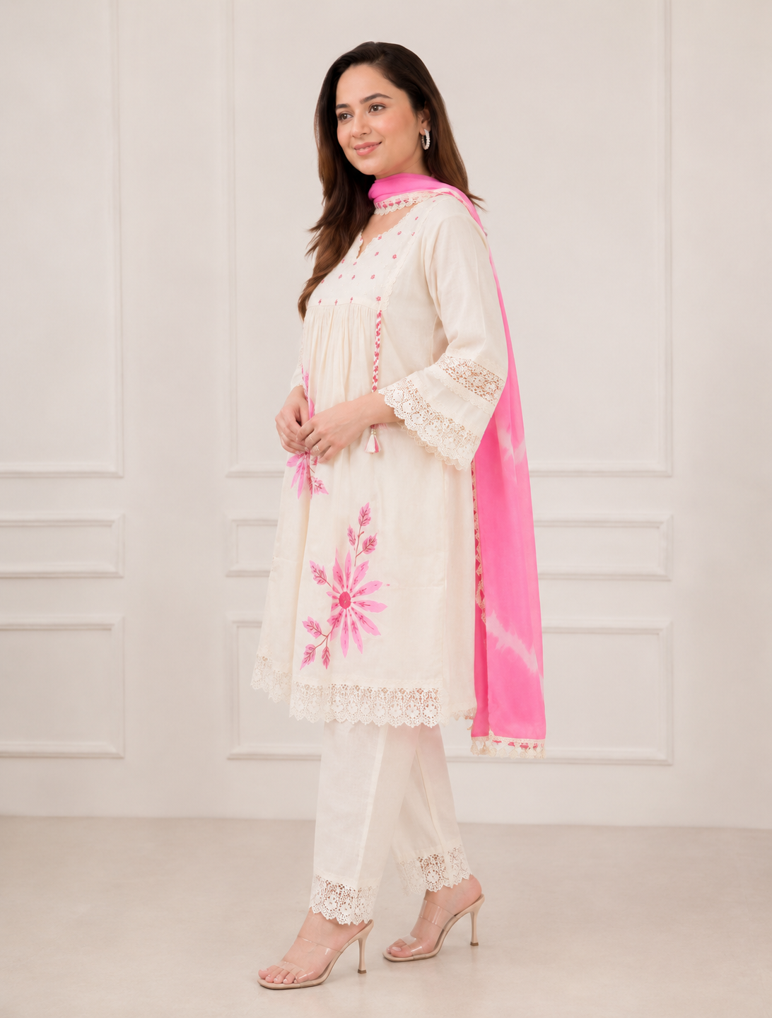 Ivory Pink Floral Lace Suit Set”