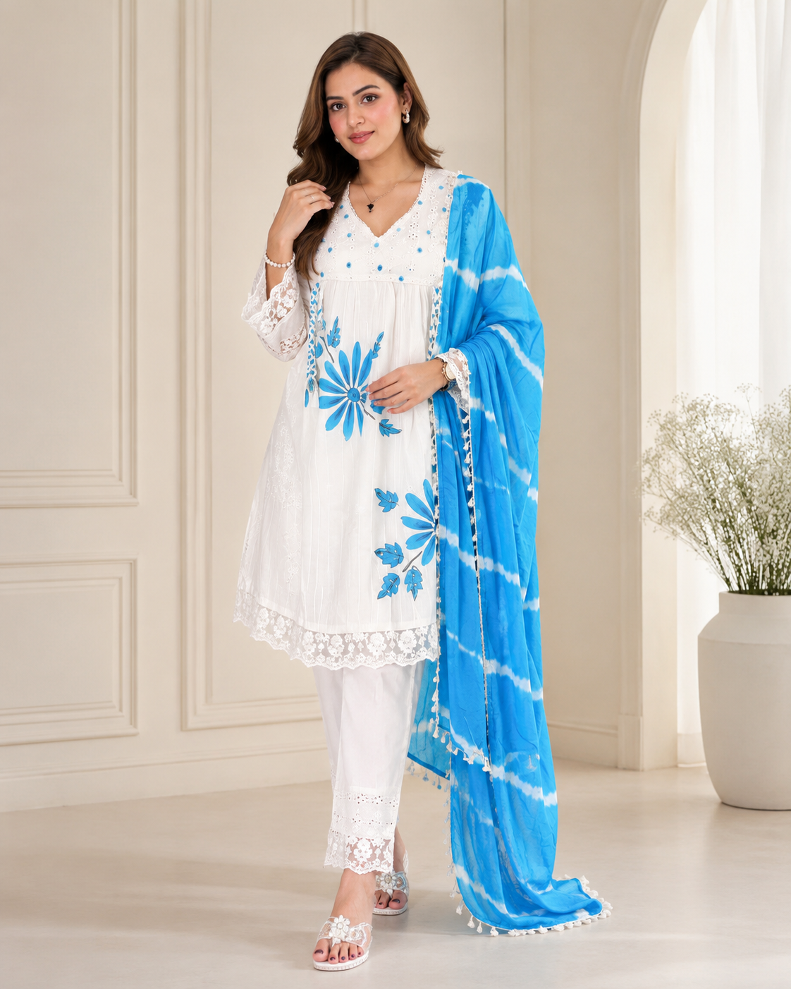Ivory Blue Floral Lace Suit Set”