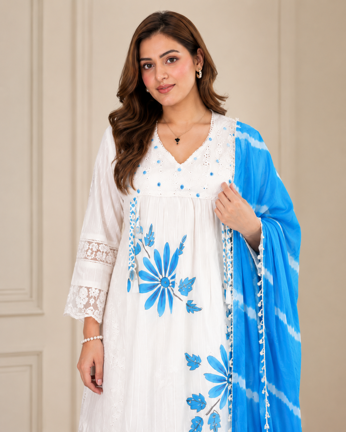 Ivory Blue Floral Lace Suit Set”