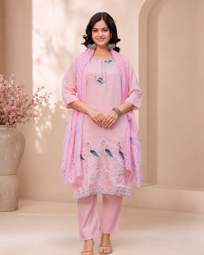 Pink Peacock Embroidery Suit set