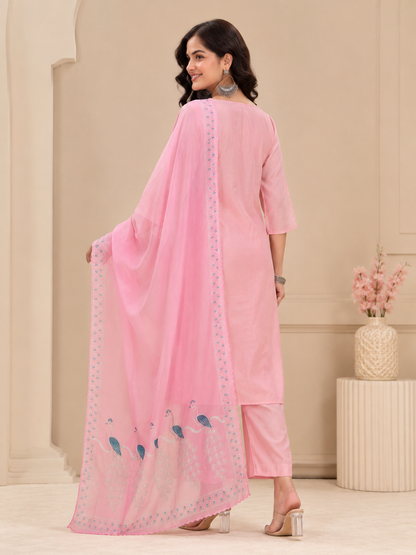 Pink Peacock Embroidery Suit set