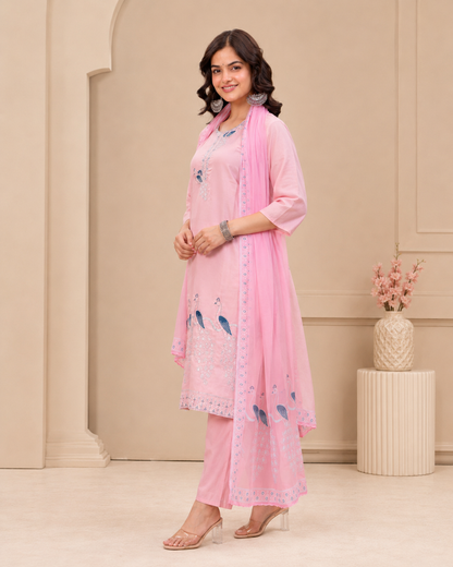 Pink Peacock Embroidery Suit set