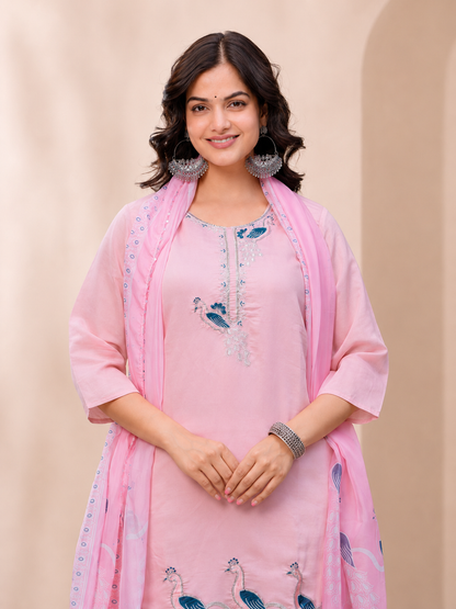 Pink Peacock Embroidery Suit set