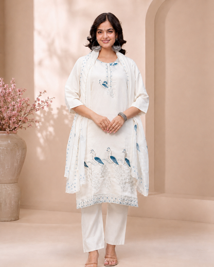 White Peacock Embroidery Suit Set