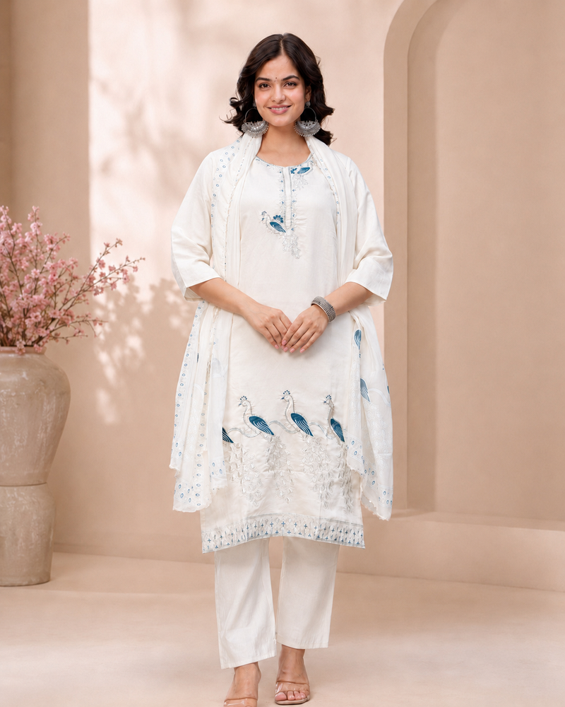 White Peacock Embroidery Suit Set